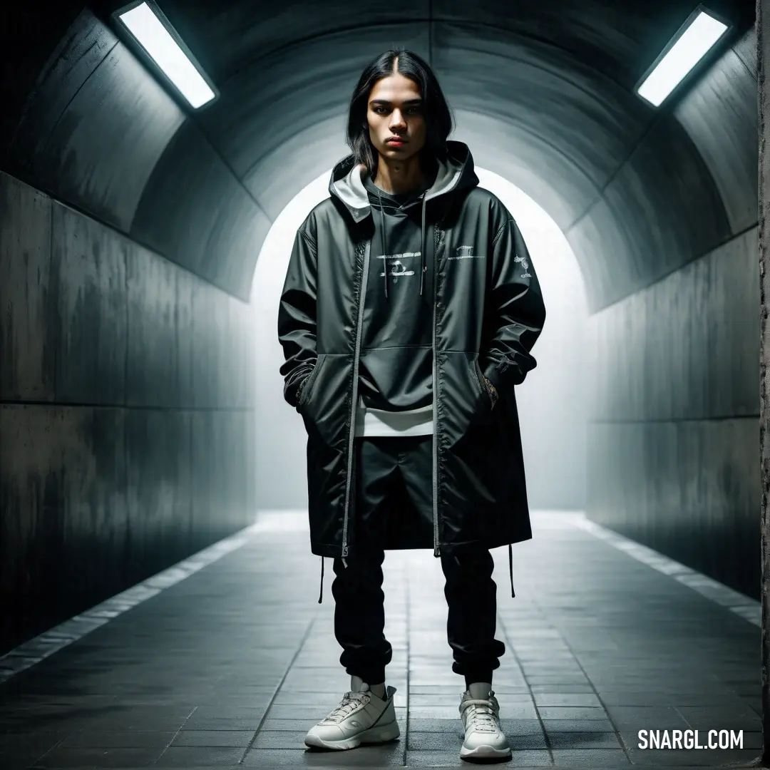 Man standing in a tunnel wearing a black jacket and white sneakers with a hoodie on his head