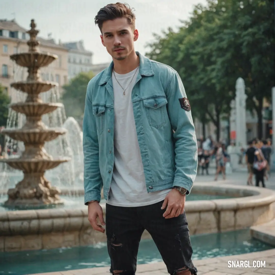 Man standing in front of a fountain wearing a denim jacket and ripped jeans and a white t - shirt
