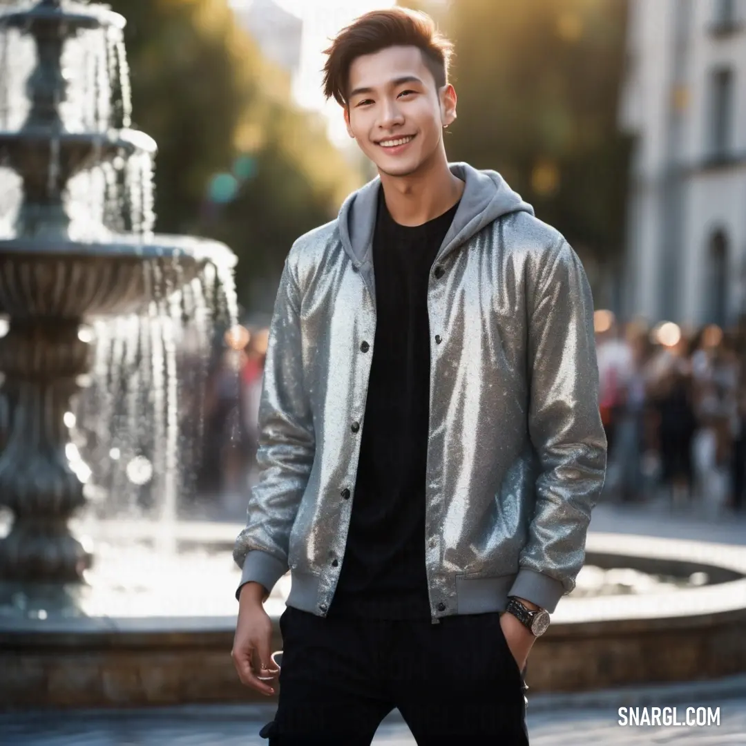 Man standing in front of a fountain in a city square with a smile on his face and a jacket on