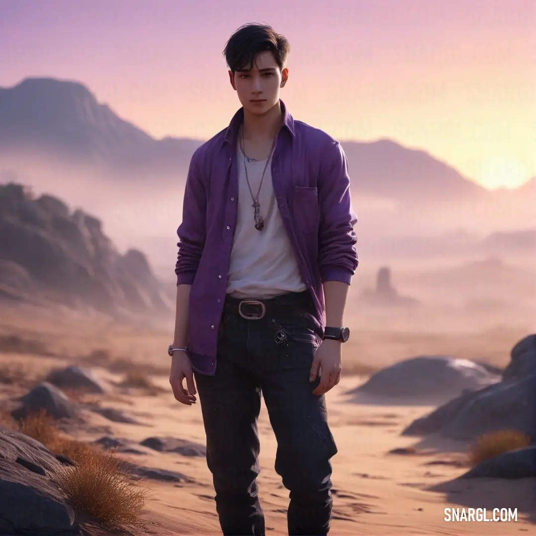 Man standing in the desert at sunset wearing a purple jacket and jeans and a white t - shirt