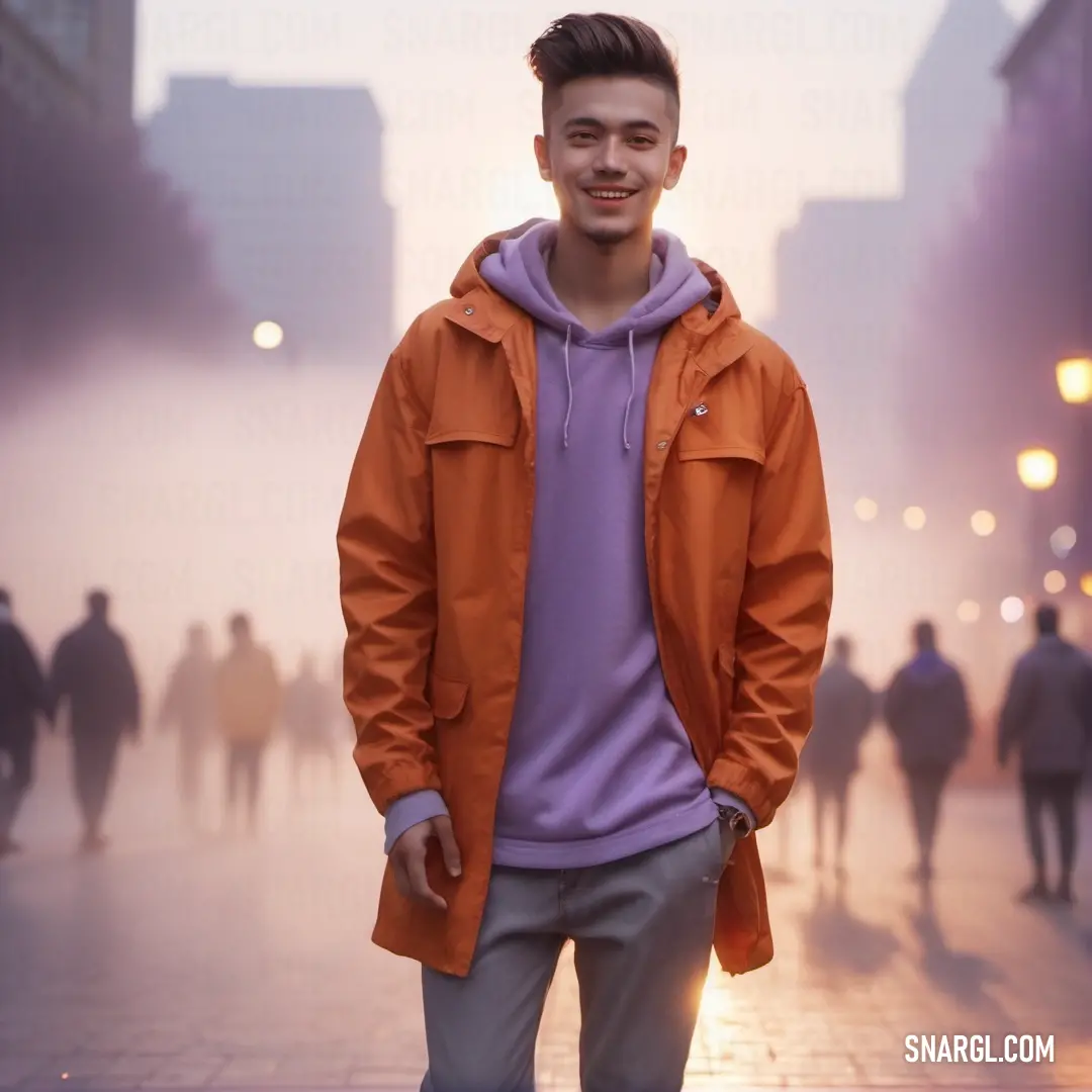 Man standing in the middle of a street with a lot of people walking around him and a foggy sky