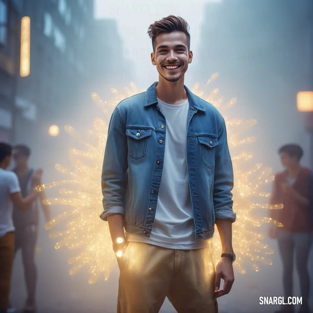 Man standing in the middle of a street with a light up jacket on his jacket and a smile on his face