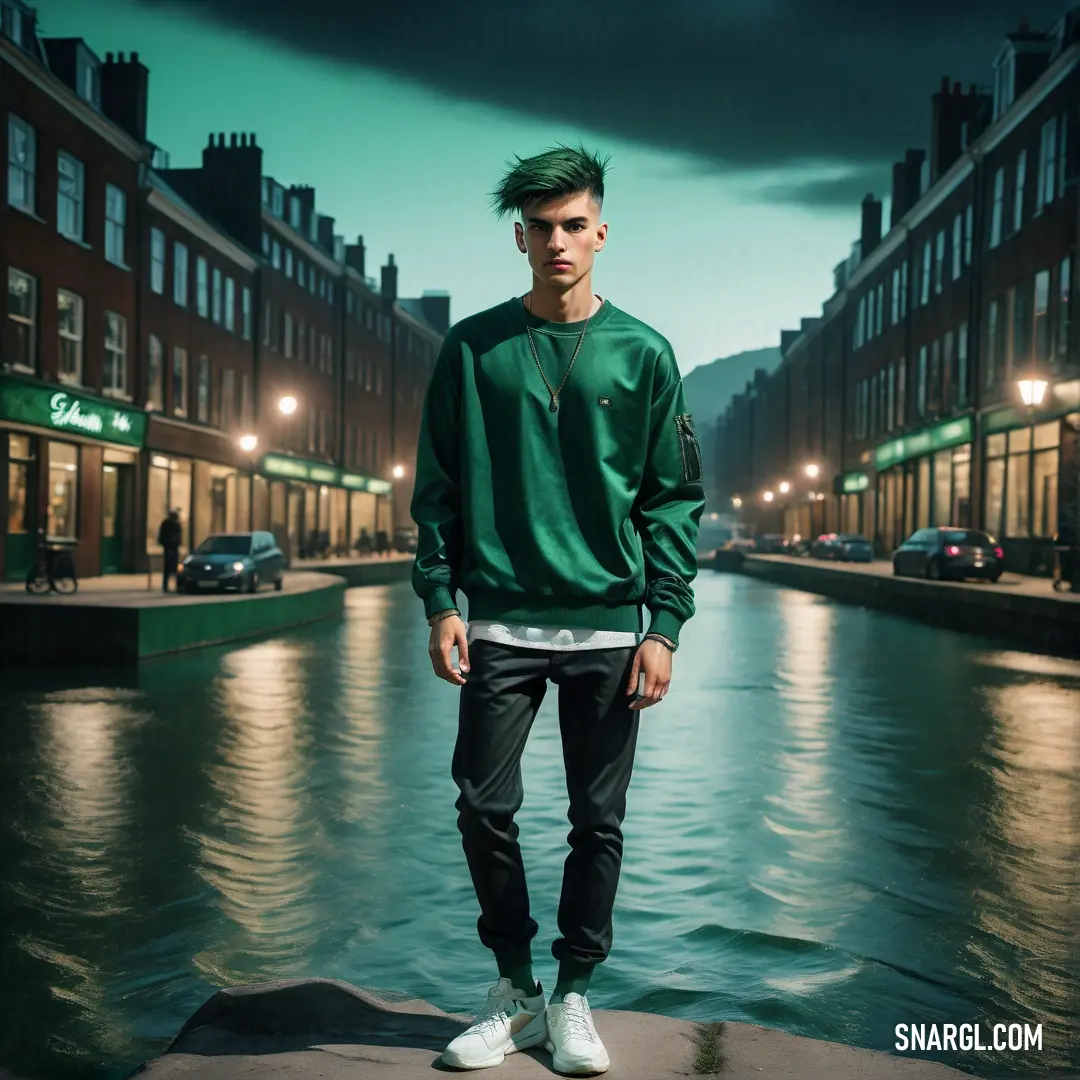 Man standing on a ledge in front of a river at night with a green sweatshirt on and white sneakers