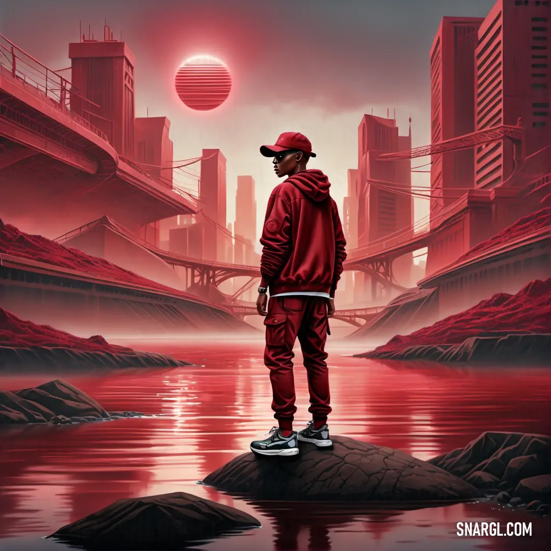 Man standing on a rock in front of a city with a red moon in the sky above him