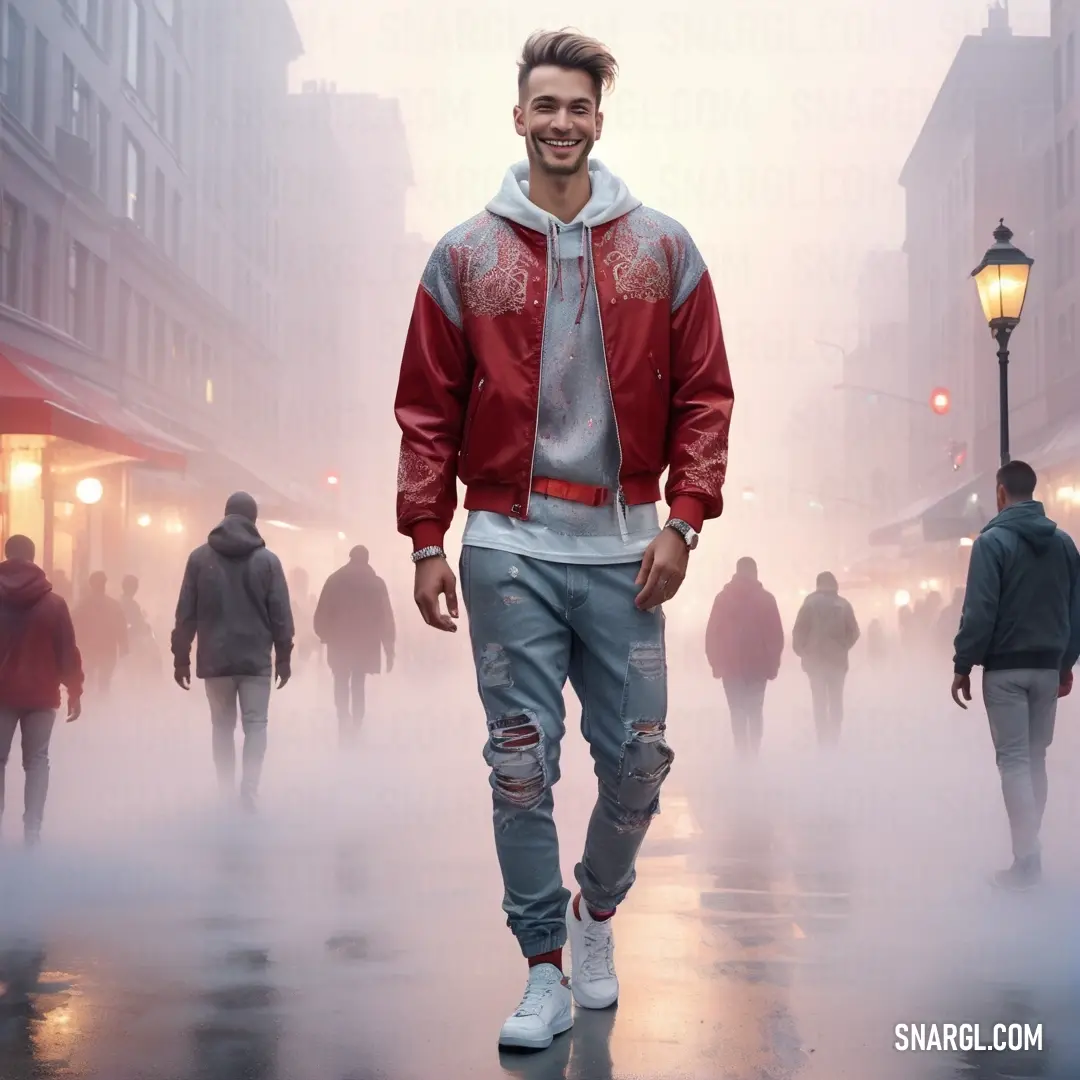 Man walking down a street in a red jacket and ripped jeans