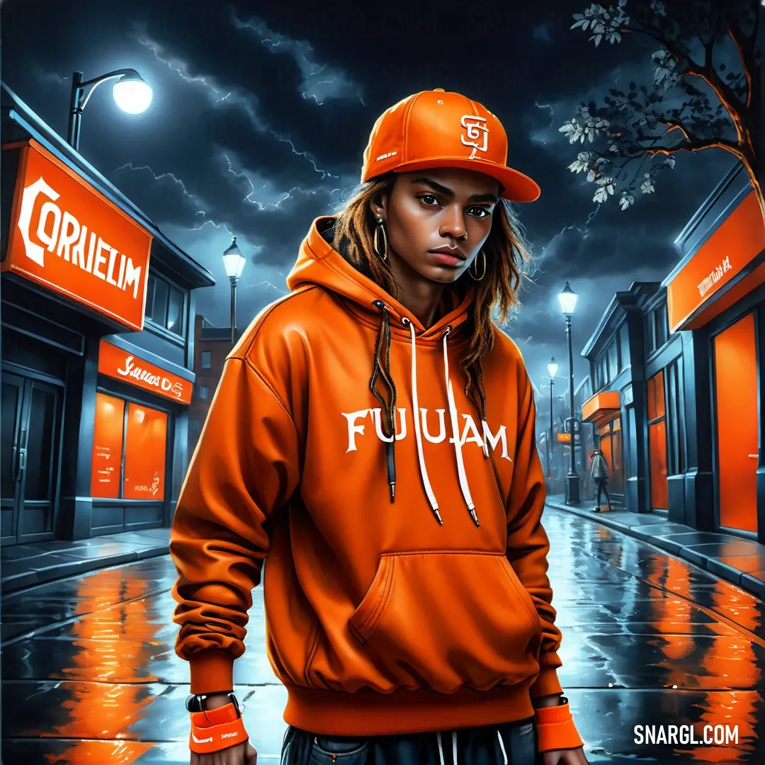 Painting of a person wearing an orange hoodie and a hat on a city street at night with a full moon