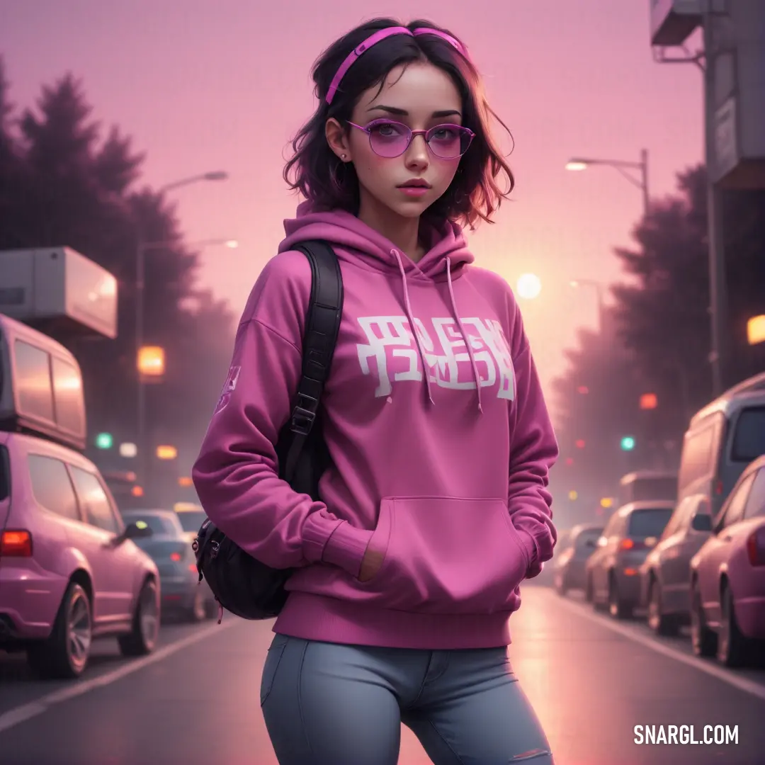 Woman in a pink hoodie is standing on the street with her hands in her pockets and a backpack