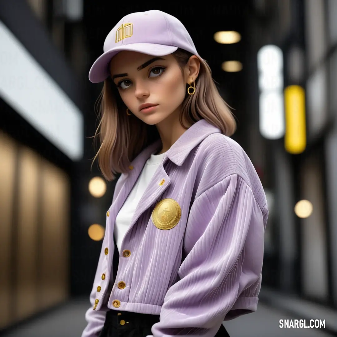 Woman in a purple jacket and hat standing in a hallway with lights on the ceiling and a yellow traffic light