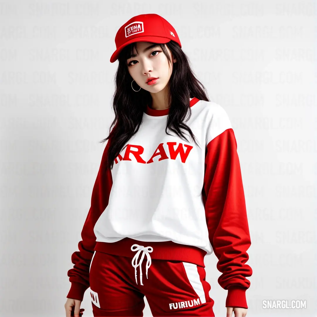 Woman in a red and white outfit with a baseball cap on her head and a red and white sweatshirt