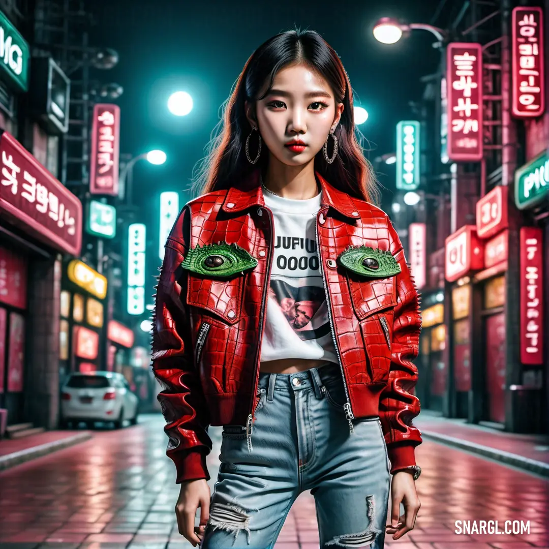 Woman in a red jacket and jeans standing on a street at night with neon signs behind her and a green eye on her shirt