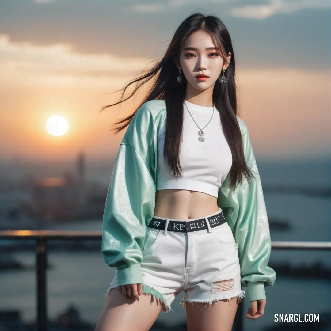 Woman in a white top and shorts standing on a balcony with the sun setting behind her and a city skyline