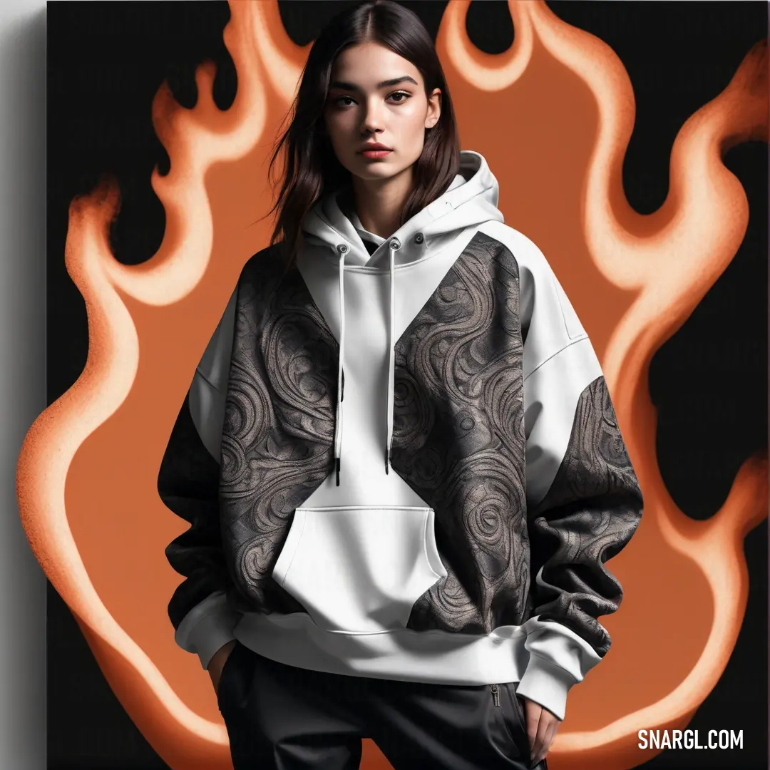Woman in a white and black hoodie standing in front of a fire background