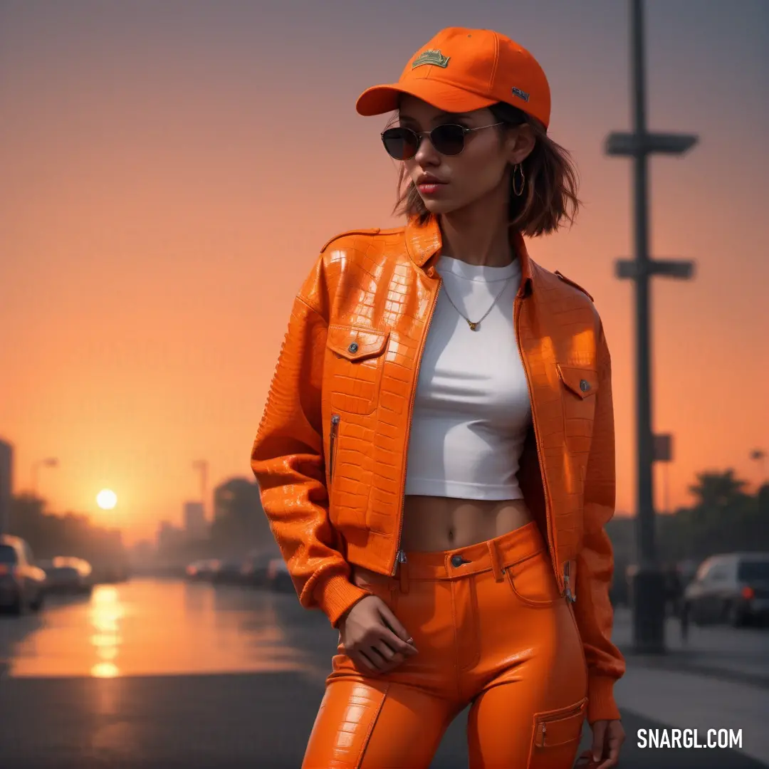 Woman in an orange leather jacket and hat standing on a street at sunset with a city in the background