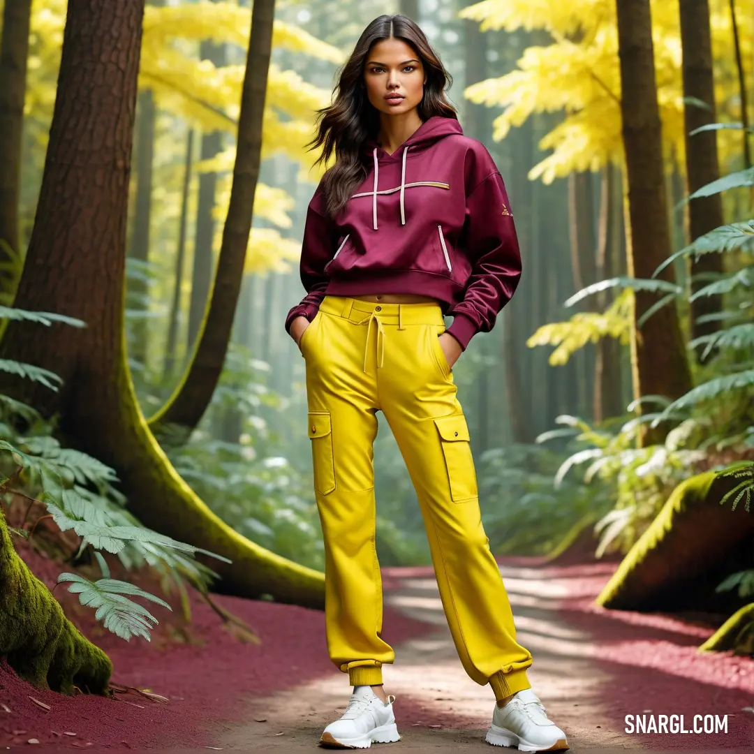 Woman standing in a forest wearing yellow pants and a maroon hoodie with a white hoodie on
