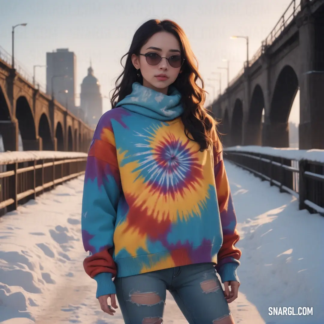 Woman standing in the snow wearing a tie dye sweater and sunglasses with a bridge in the background