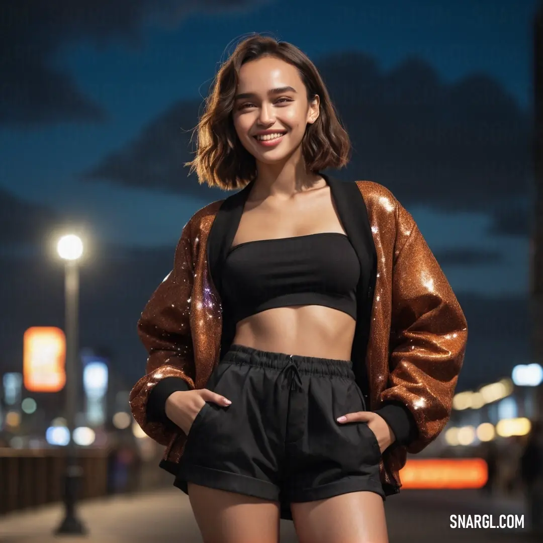 Woman standing on a sidewalk at night wearing a crop top and shorts with a jacket over her shoulders