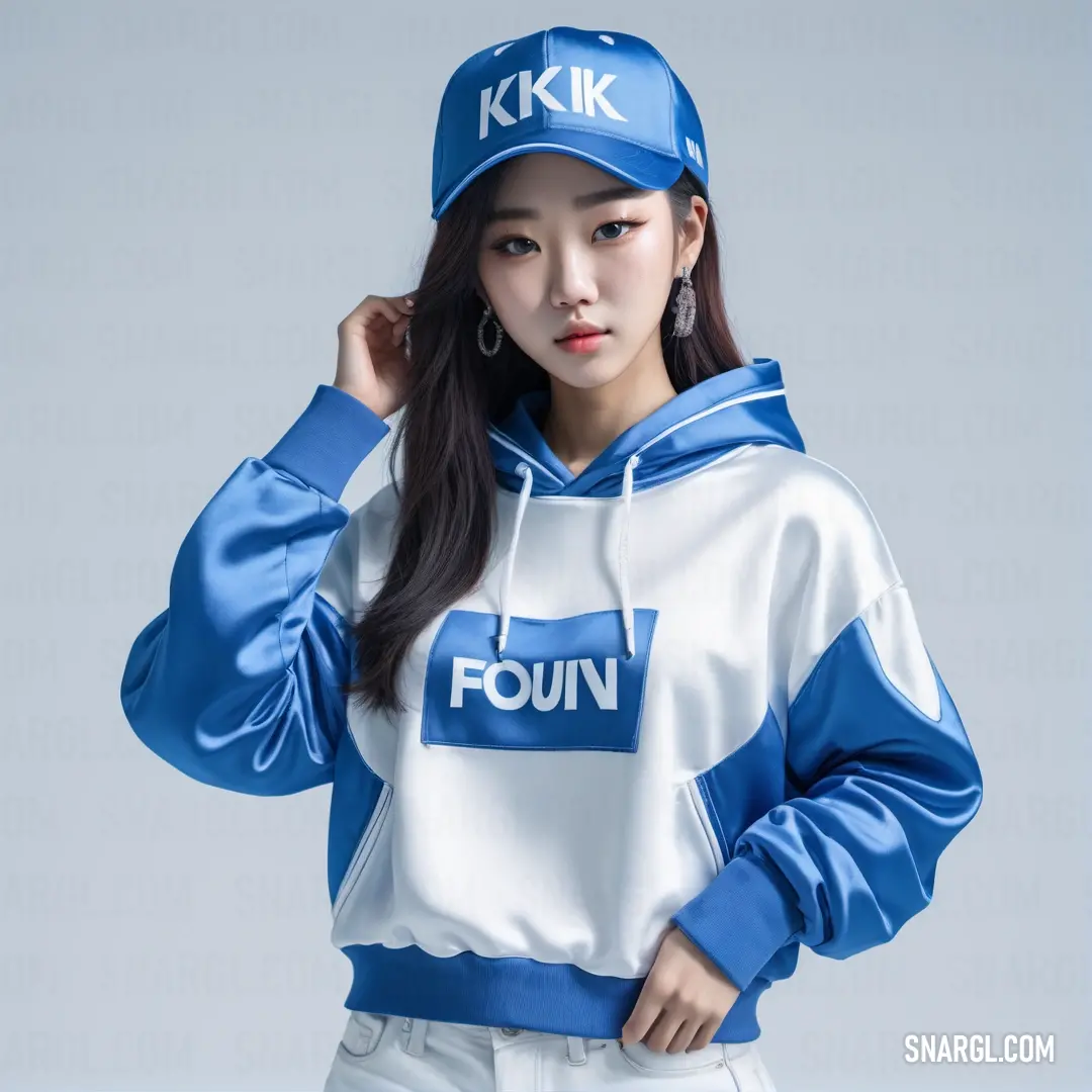 Woman wearing a blue and white hoodie and white pants and a hat with the word founn on it