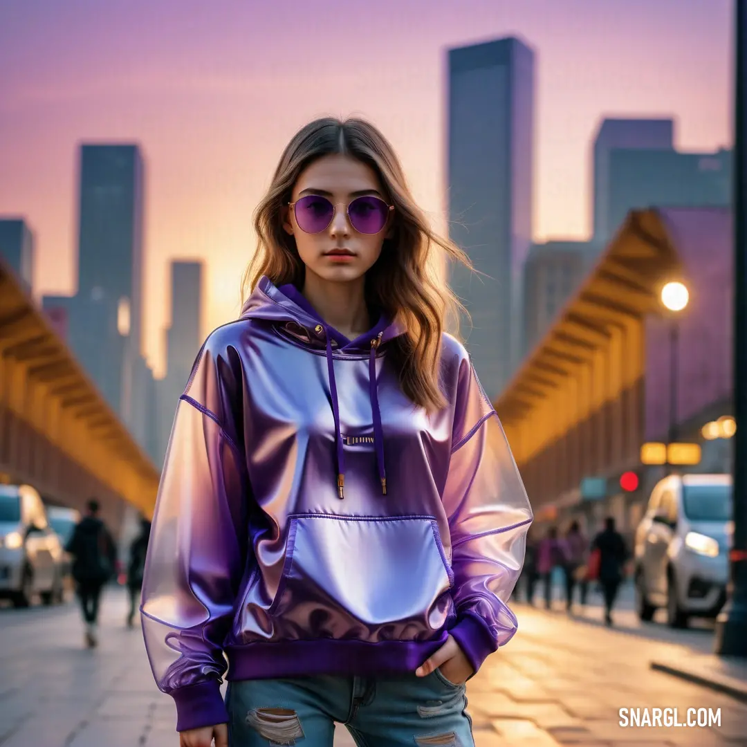 Woman wearing a purple hoodie and ripped jeans stands on a sidewalk in front of a city skyline