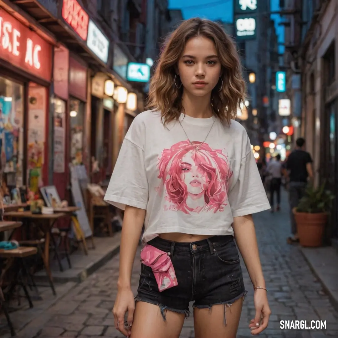 Woman with a pink bow on her shirt is walking down a street in a city at night time