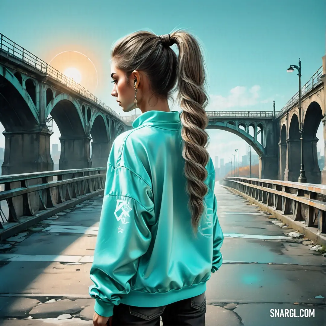Woman with a ponytail standing on a bridge looking at the sun in the distance