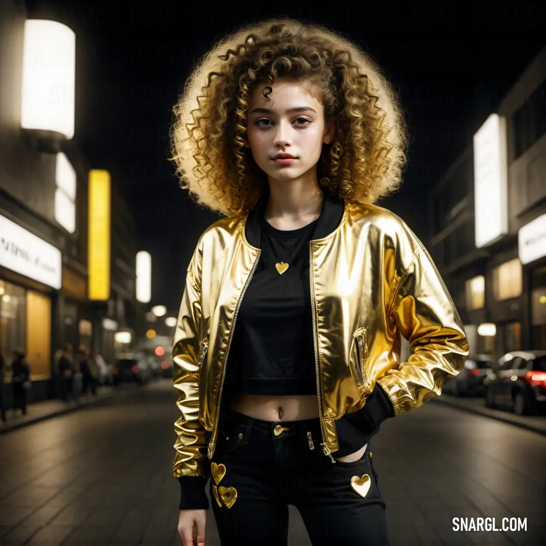 Woman with curly hair standing on a street corner in a gold jacket and black top with a heart on it