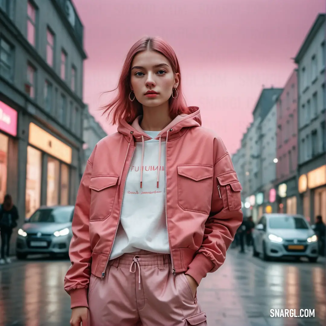 Woman with pink hair standing on a street corner wearing pink pants and a pink jacket with a white t - shirt