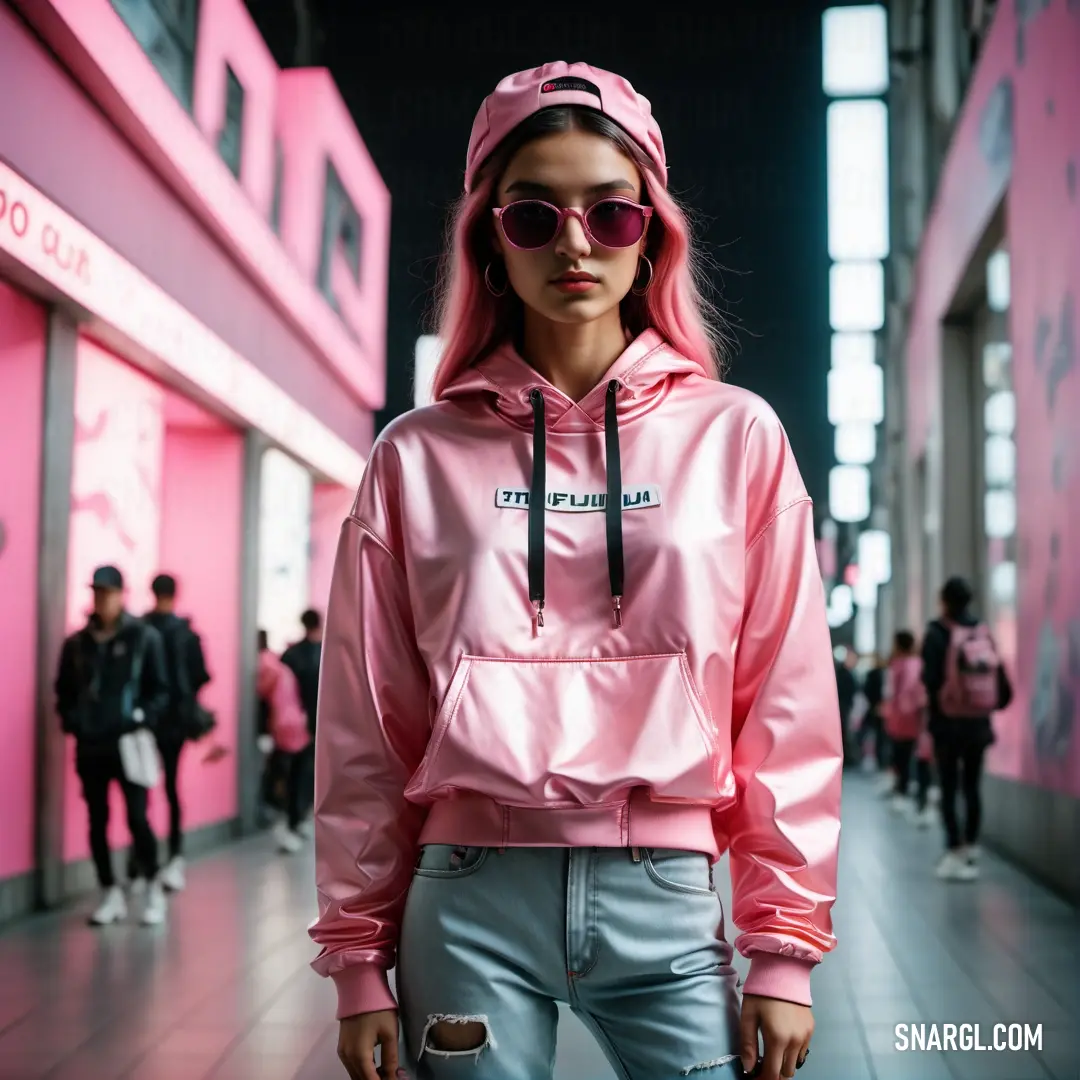 Woman with pink hair and sunglasses on a street at night with people walking by in the background