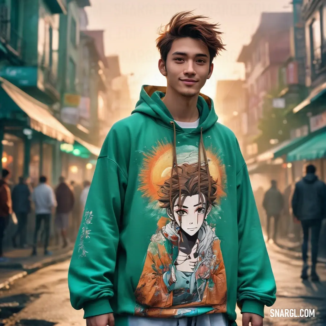 Young man in a green hoodie standing on a street corner with a person wearing a demon mask on his hood