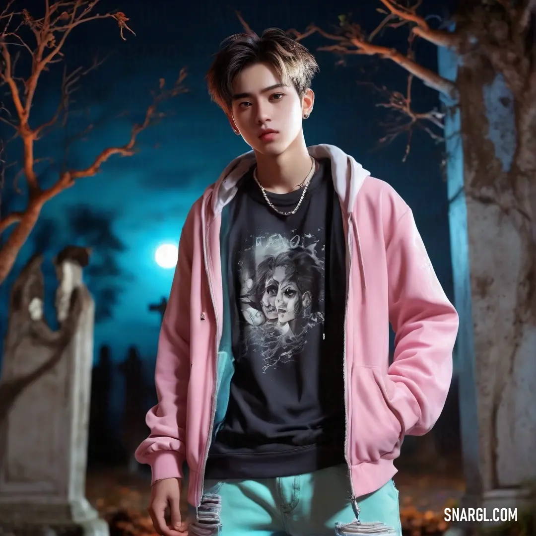 Young man in a pink jacket and blue pants standing in front of a cemetery at night with a full moon in the background