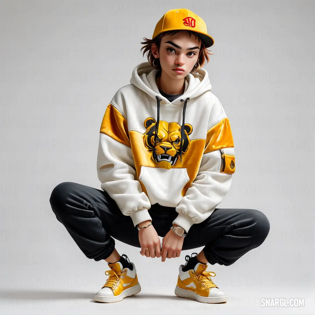 Young man in a yellow and white hoodie and black pants and yellow sneakers is squatting down
