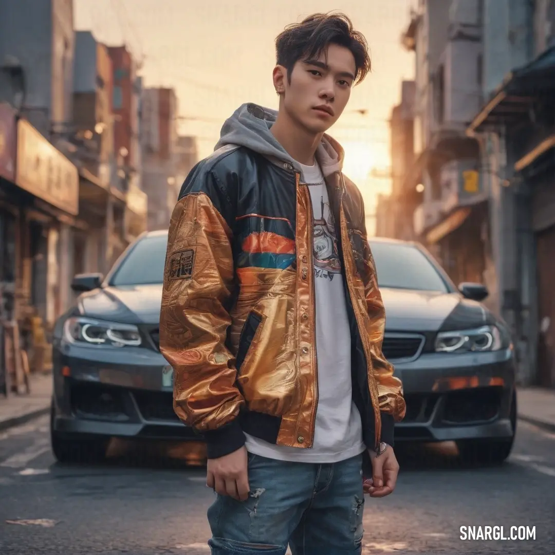 Young man standing in front of a car on a street with a gold jacket on and a white shirt on