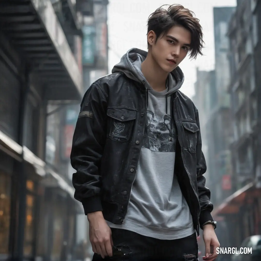 Young man standing in the middle of a city street wearing a jacket and jeans and a hoodie