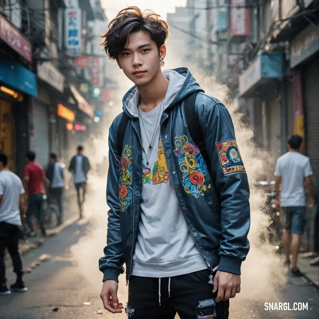 Young man standing in the middle of a street with a lot of people walking around him and a lot of smoke coming out of his jacket