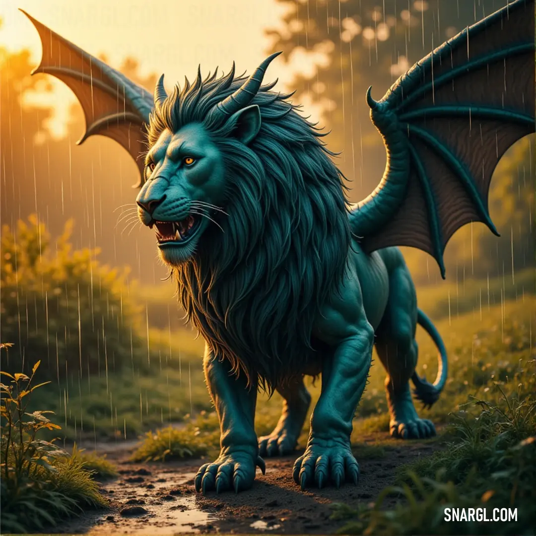 A green stygian manticore statue stands in the rain, its wings outstretched and eyes wide open, frozen in a powerful, eternal pose. A green stygian manticore statue stands in the rain, its wings spread wide and eyes open. The statue exudes an eerie presence as the raindrops dance across its cold stone surface.