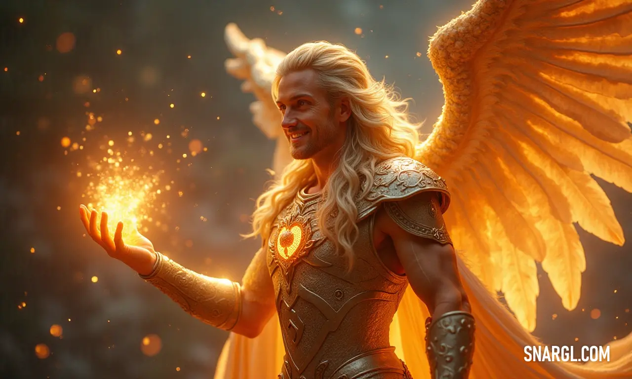 Draped in opulent gold, a magnificent figure with wings and a halo captures the essence of fantasy, evoking a sense of wonder and enchanting stories that transcend reality. A majestic figure, adorned in a dazzling golden outfit complete with wings and a halo, stands proudly, exuding a sense of grandeur and ethereal beauty that inspires awe and wonder.