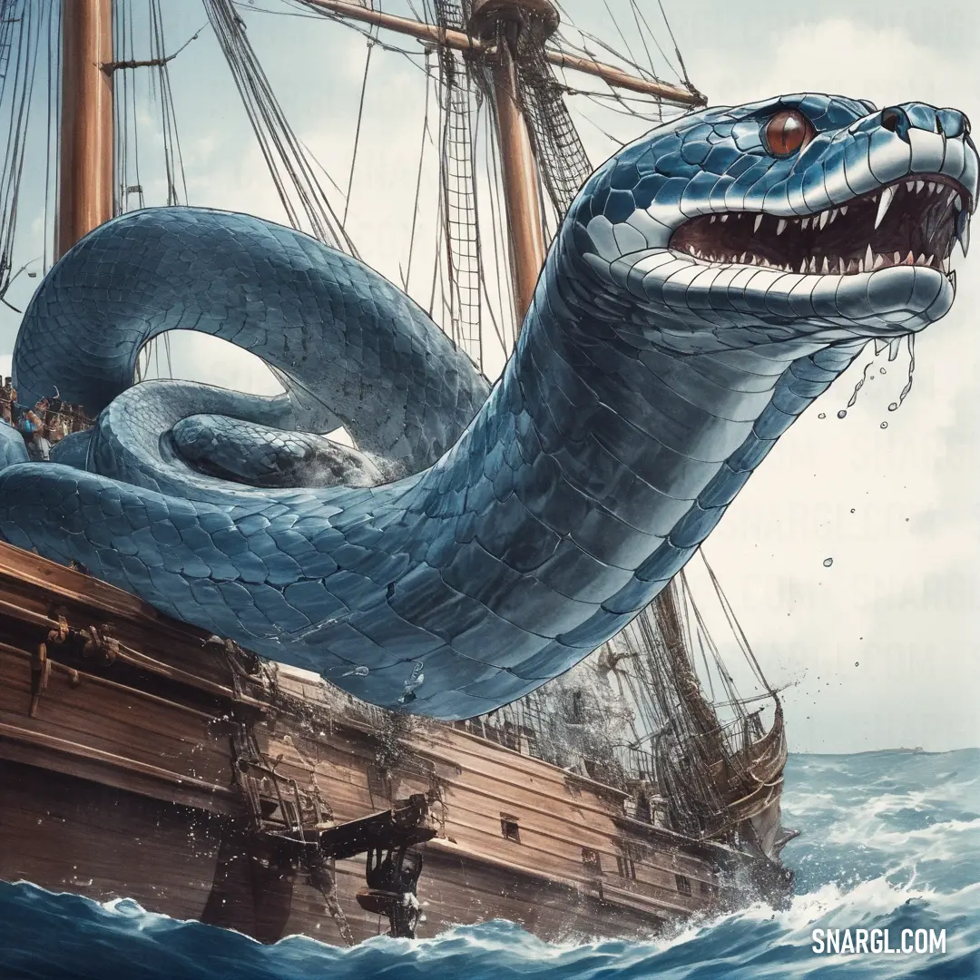 Giant blue snake is on a boat in the water with a boat in the background