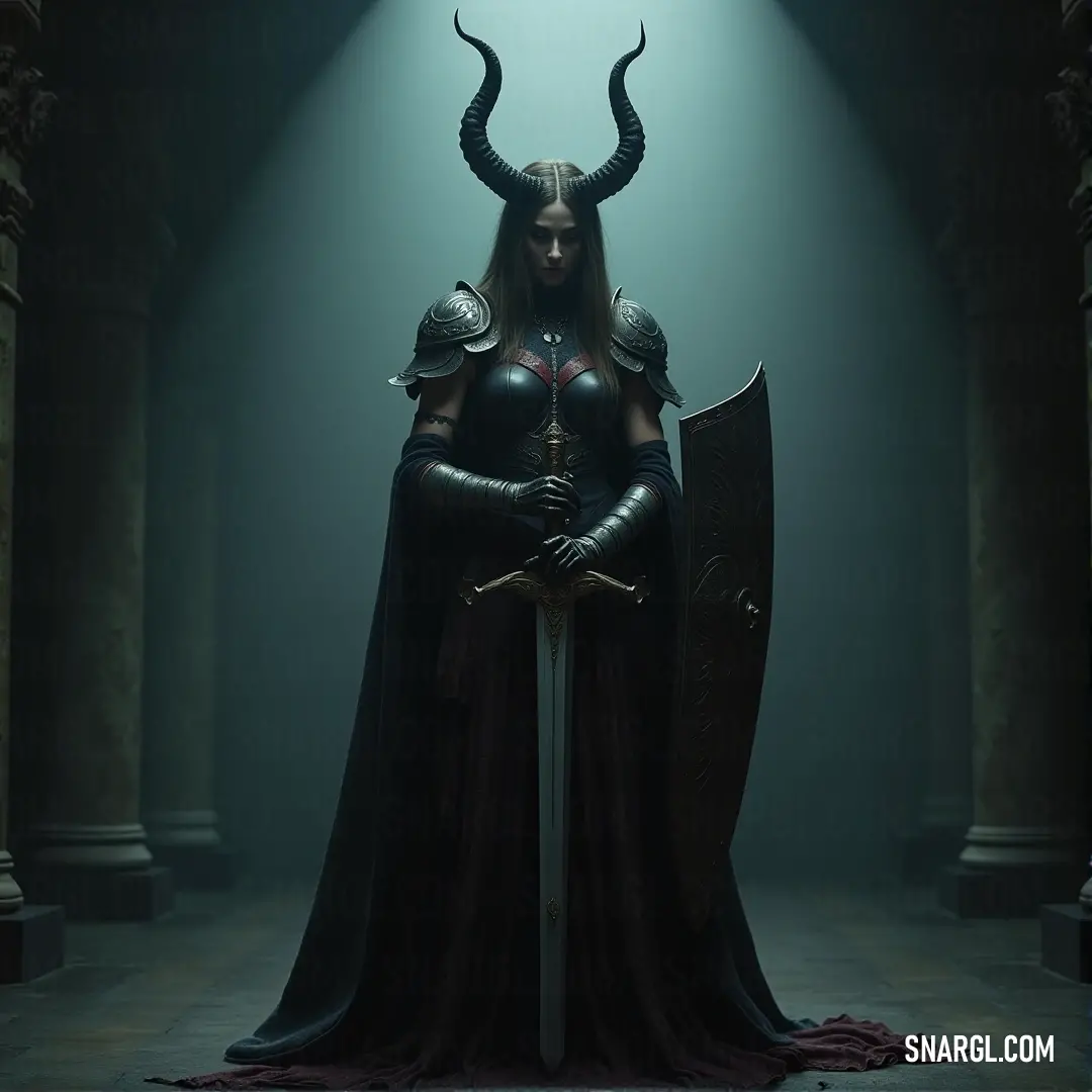 A striking succubus in a black dress with horned adornments, holding a sword. She stands in a shadowy room filled with grand columns, her presence commanding the space.