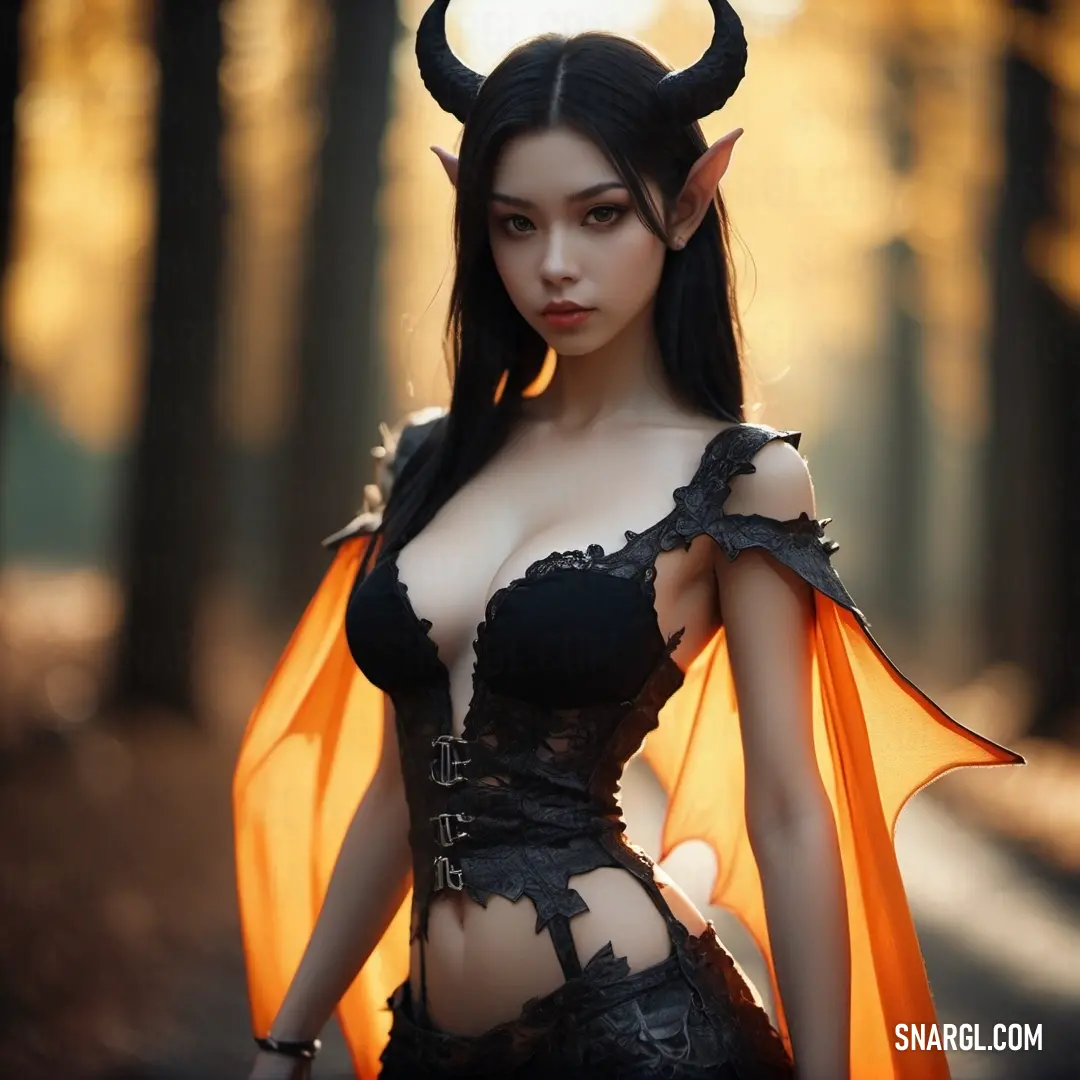 Succubus dressed in a costume with horns and horns on her head