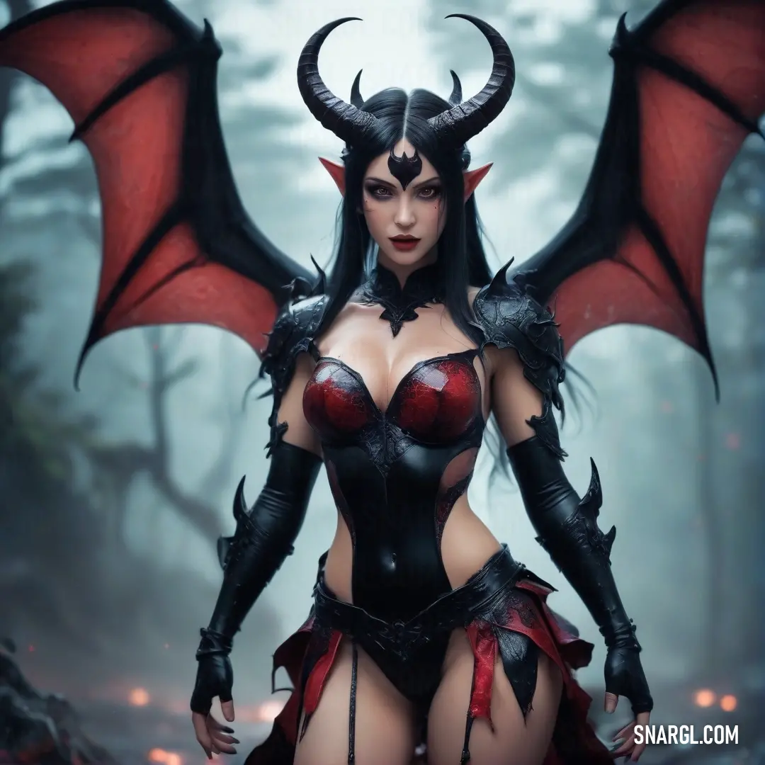 Succubus dressed in a costume with a dragon wings on her head