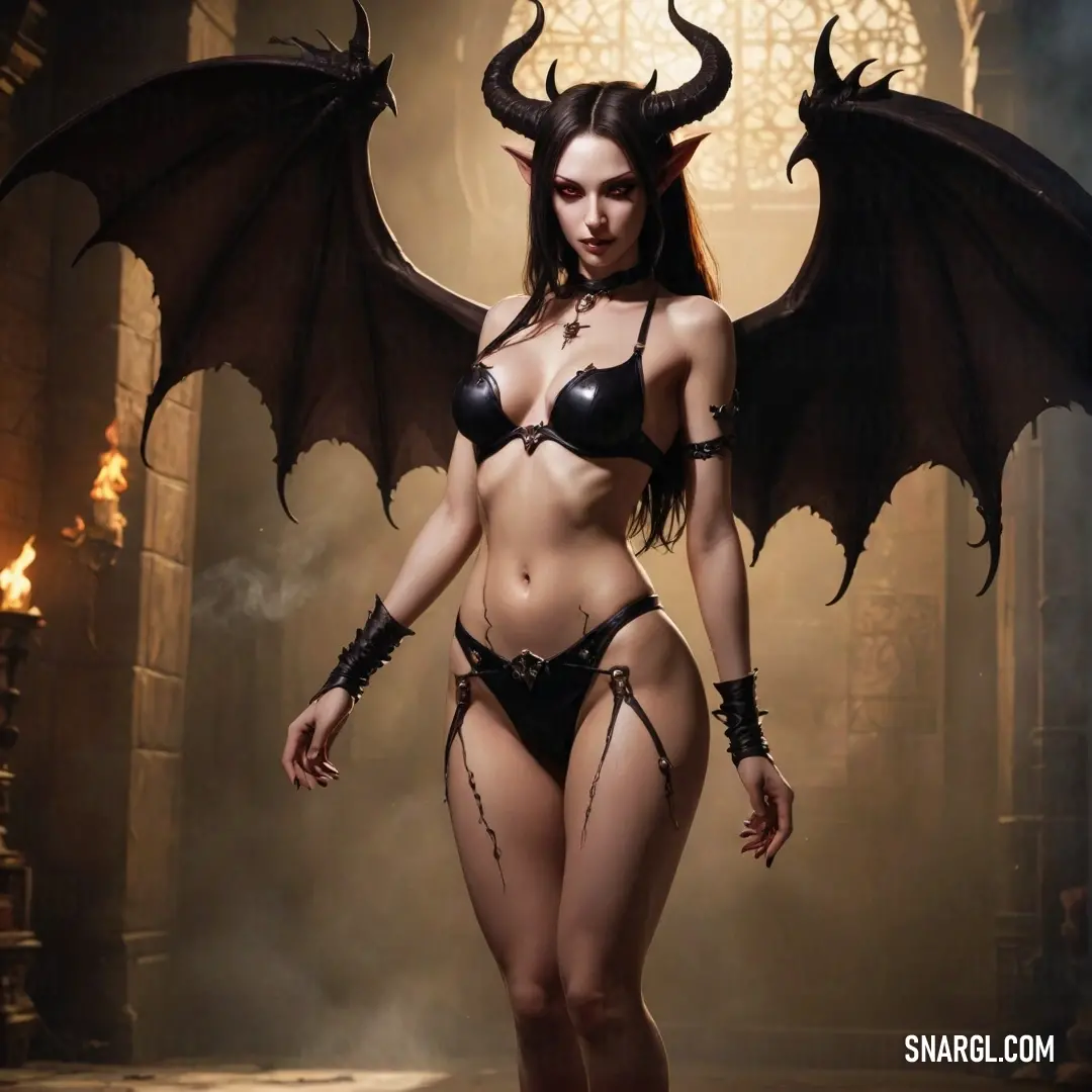 Succubus in a black bra and demon wings is posing for a picture in a dark room with smoke