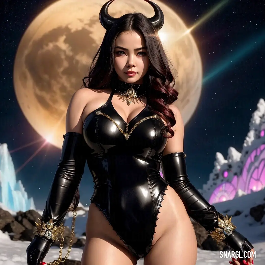 Succubus in a black costume with horns and horns on her head and a moon in the background