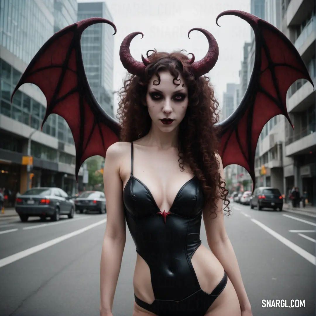 Succubus in a black leather outfit with a red dragon wings on her head and a black bra