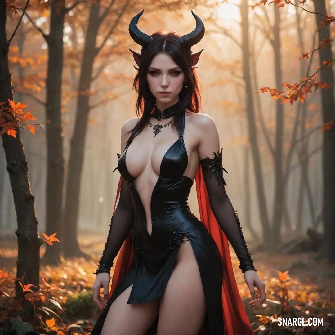 Succubus in a costume standing in a forest with horns on her head