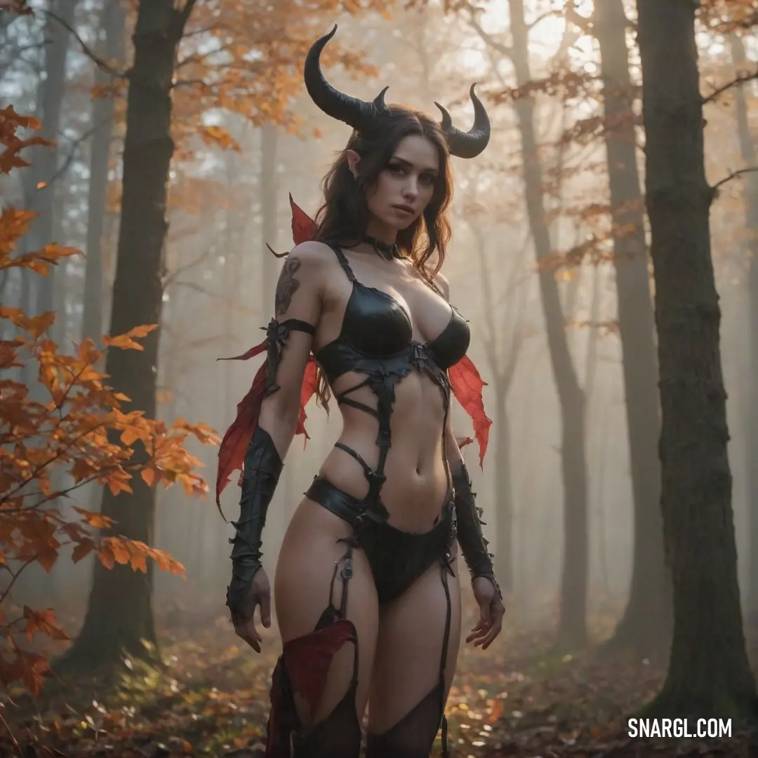 Succubus in a costume standing in a forest with horns and horns on her head and a bra and a corset