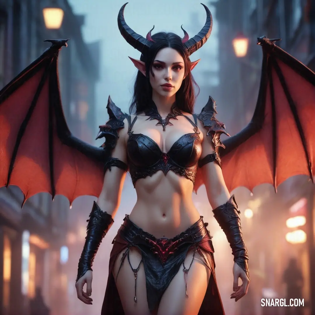 Succubus in a costume with horns and wings on her head and a demon like body