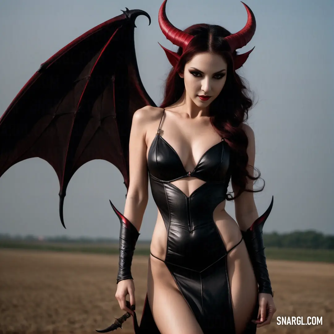 Succubus in a leather outfit with a bat wings on her head