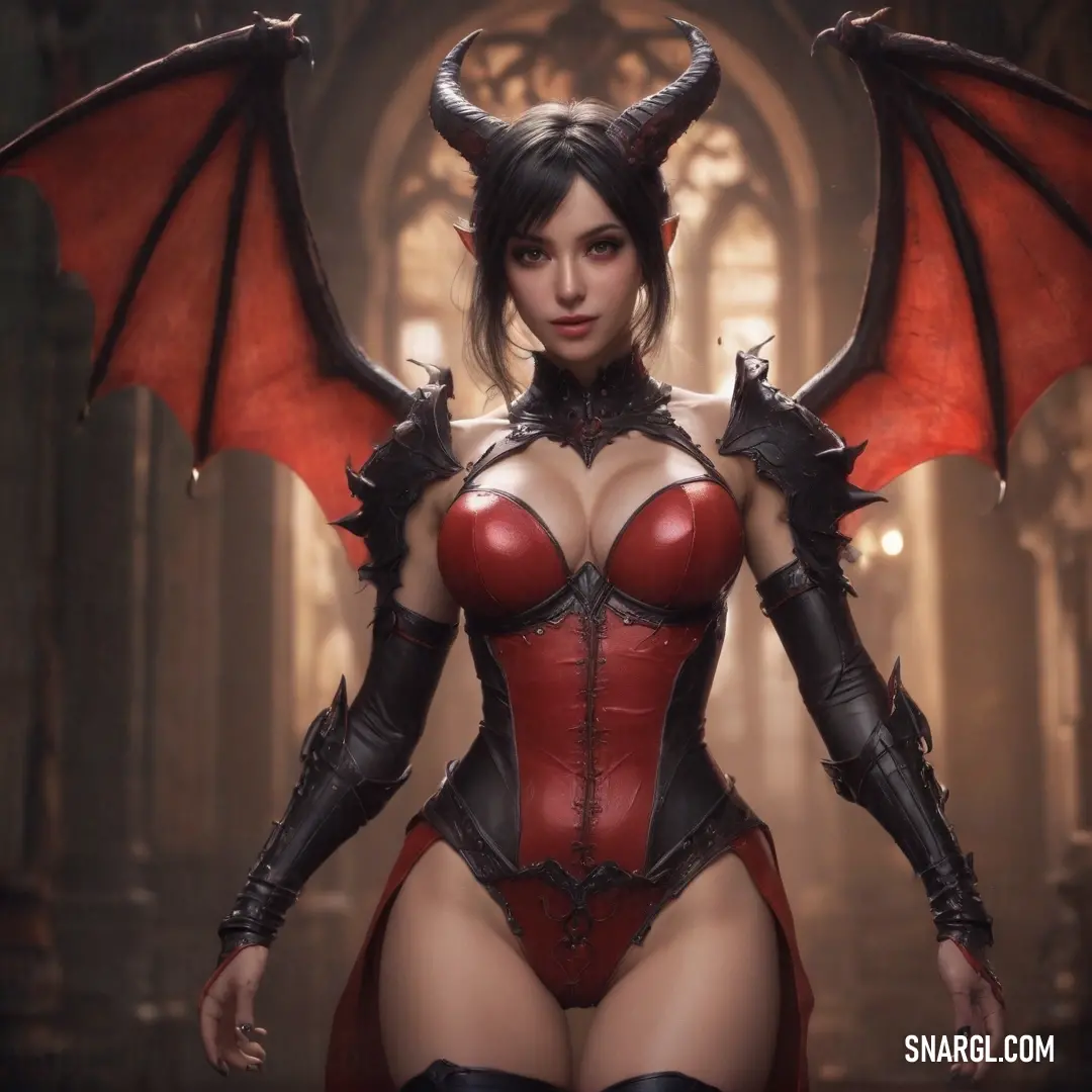 Succubus in a red corset with horns and wings on her head and a demon like body