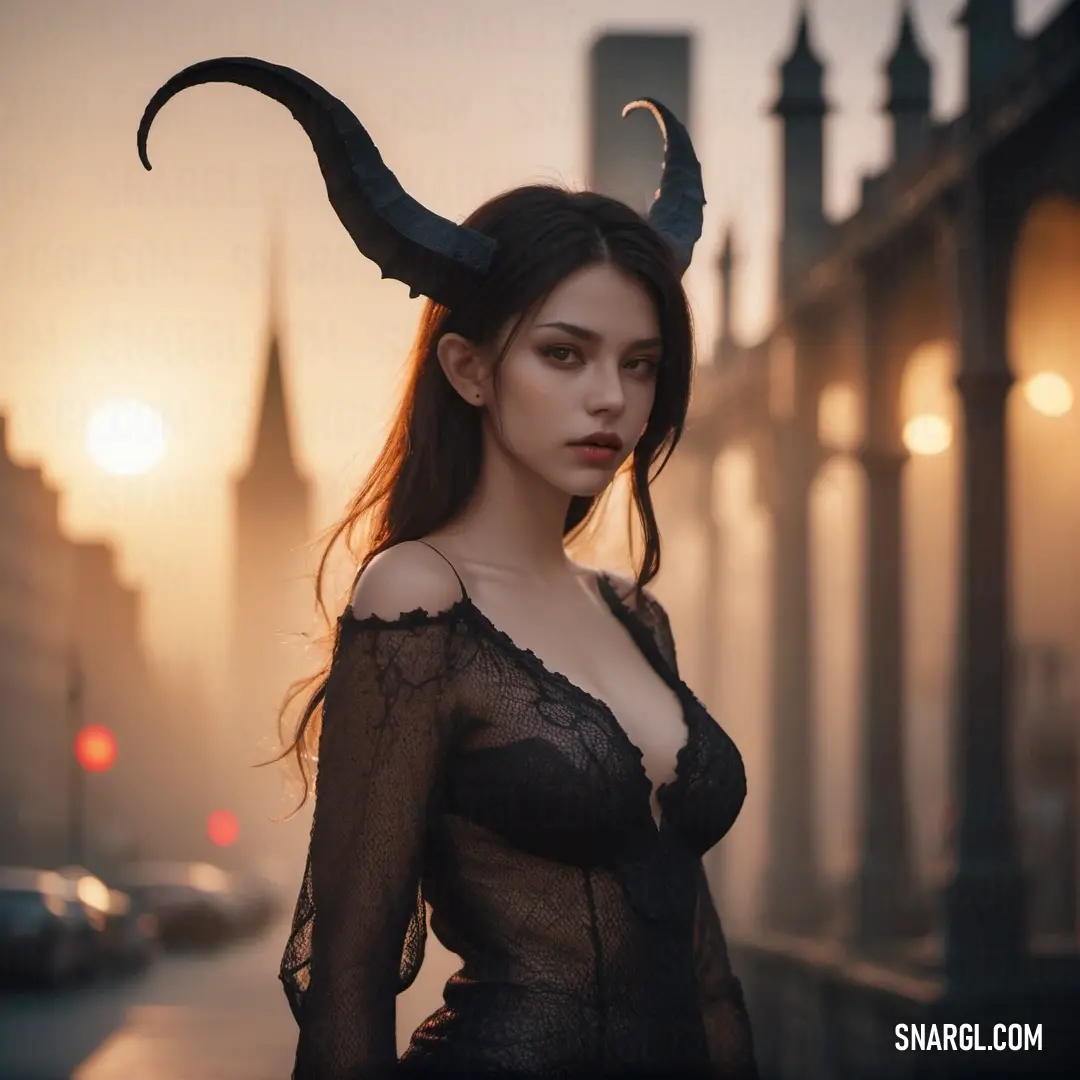 Succubus with horns and a black dress on a street corner at sunset with a city in the background