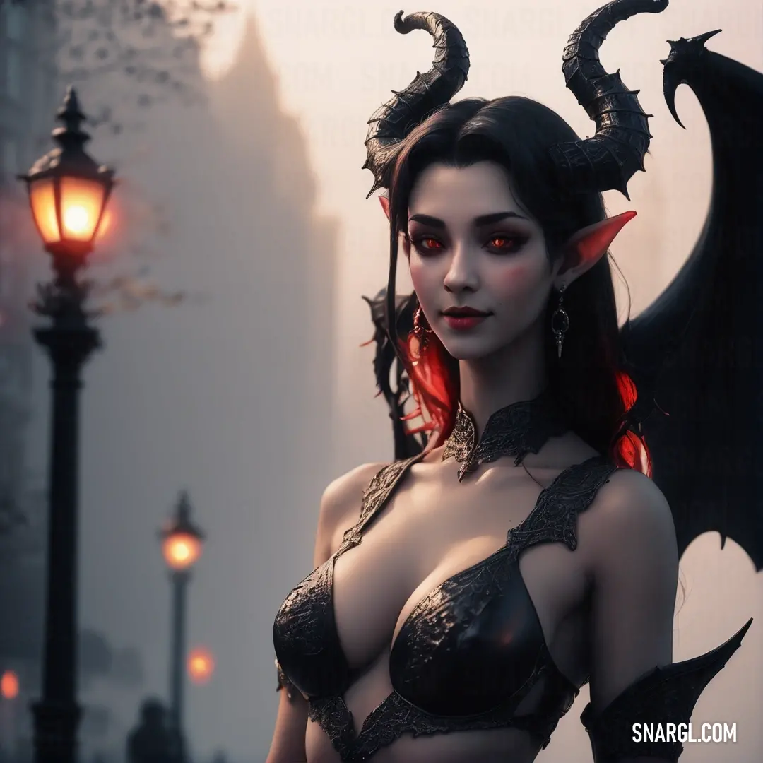 Succubus with horns and a bra is standing in front of a street light and a lamp post with a demon on it