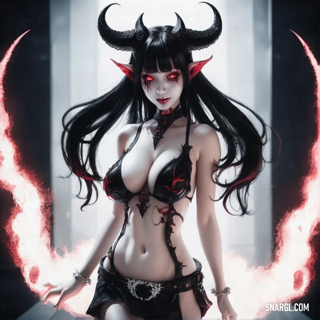 Succubus with horns and a bra is posing for a picture in a demon costume